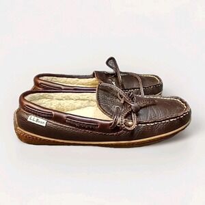 LL Bean Wicked Good Moccasins Womens 6 Brown Leather Shearling Slippers 212985